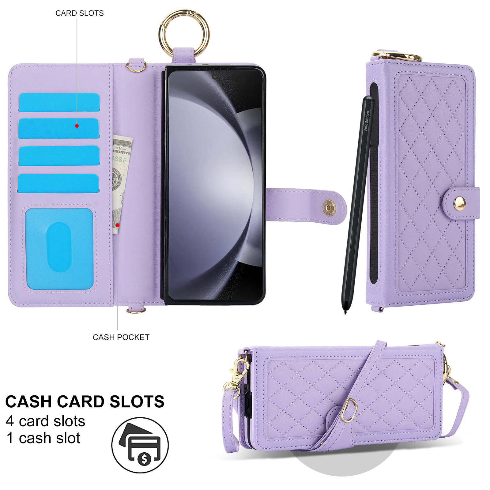 Compatible with Samsung Z Fold7/6/5 phone cases, 4/3 ring pen slots, multi-card slots, crossbody straps, wallet protective cases.