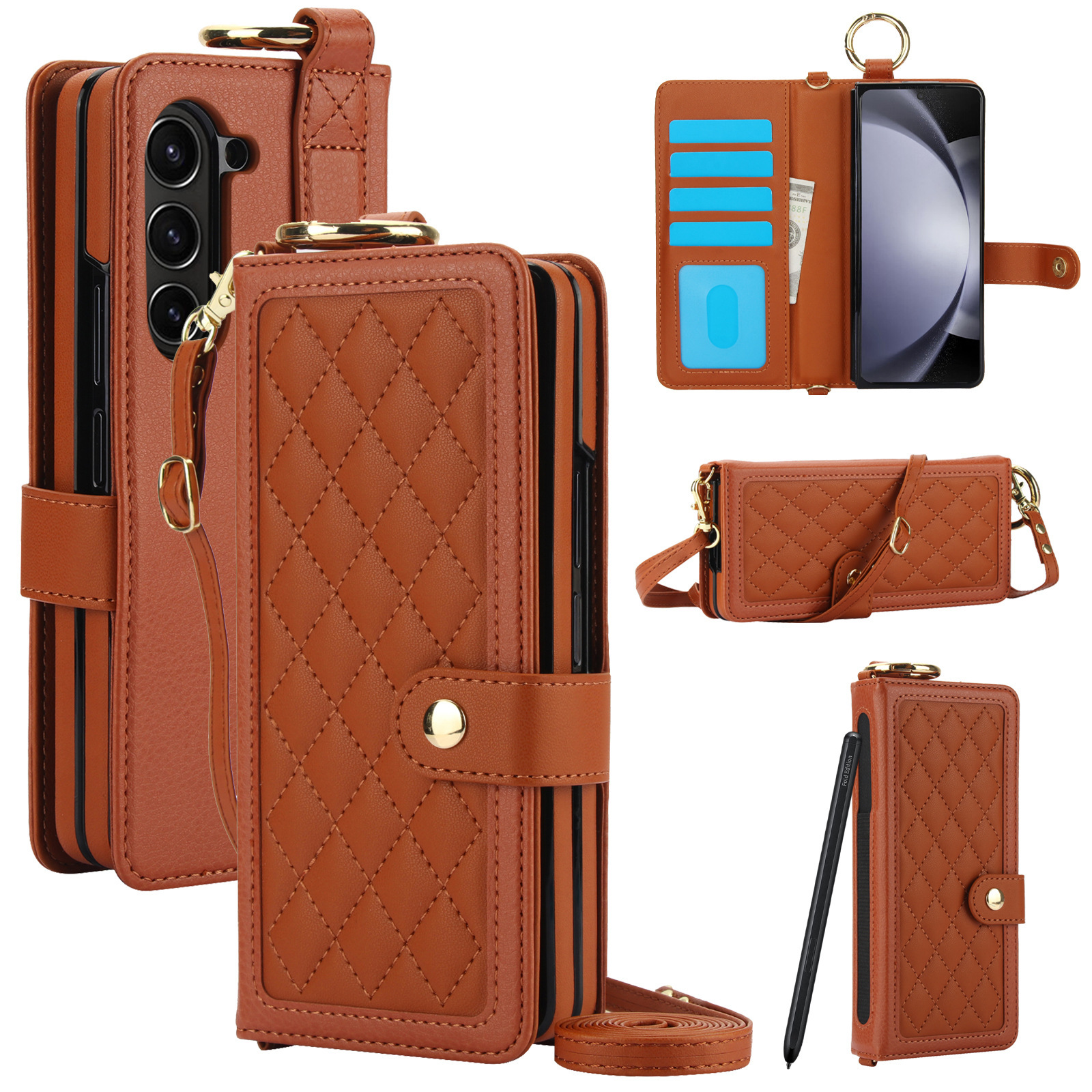 Compatible with Samsung Z Fold7/6/5 phone cases, 4/3 ring pen slots, multi-card slots, crossbody straps, wallet protective cases.