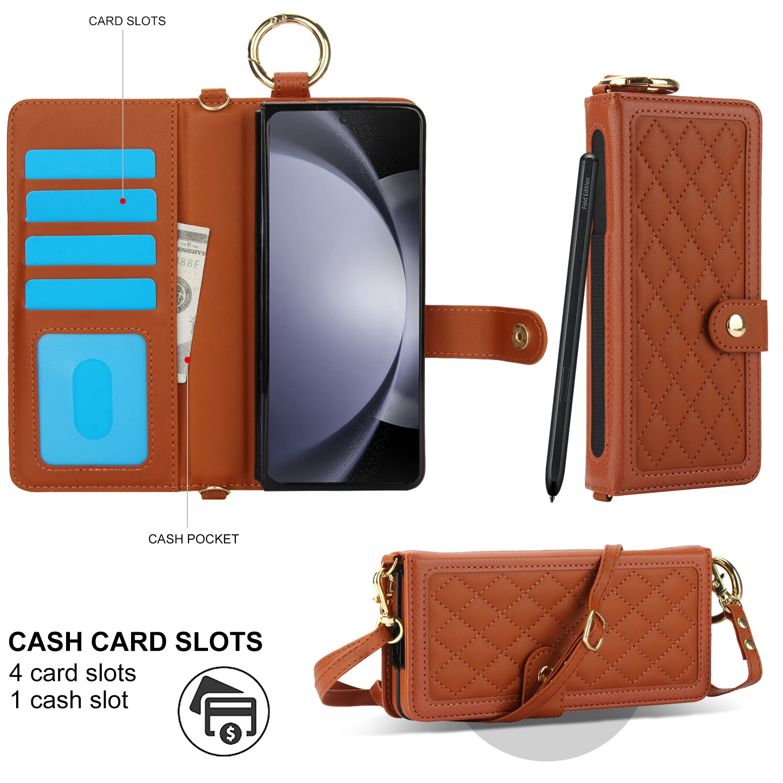 Compatible with Samsung Z Fold7/6/5 phone cases, 4/3 ring pen slots, multi-card slots, crossbody straps, wallet protective cases.