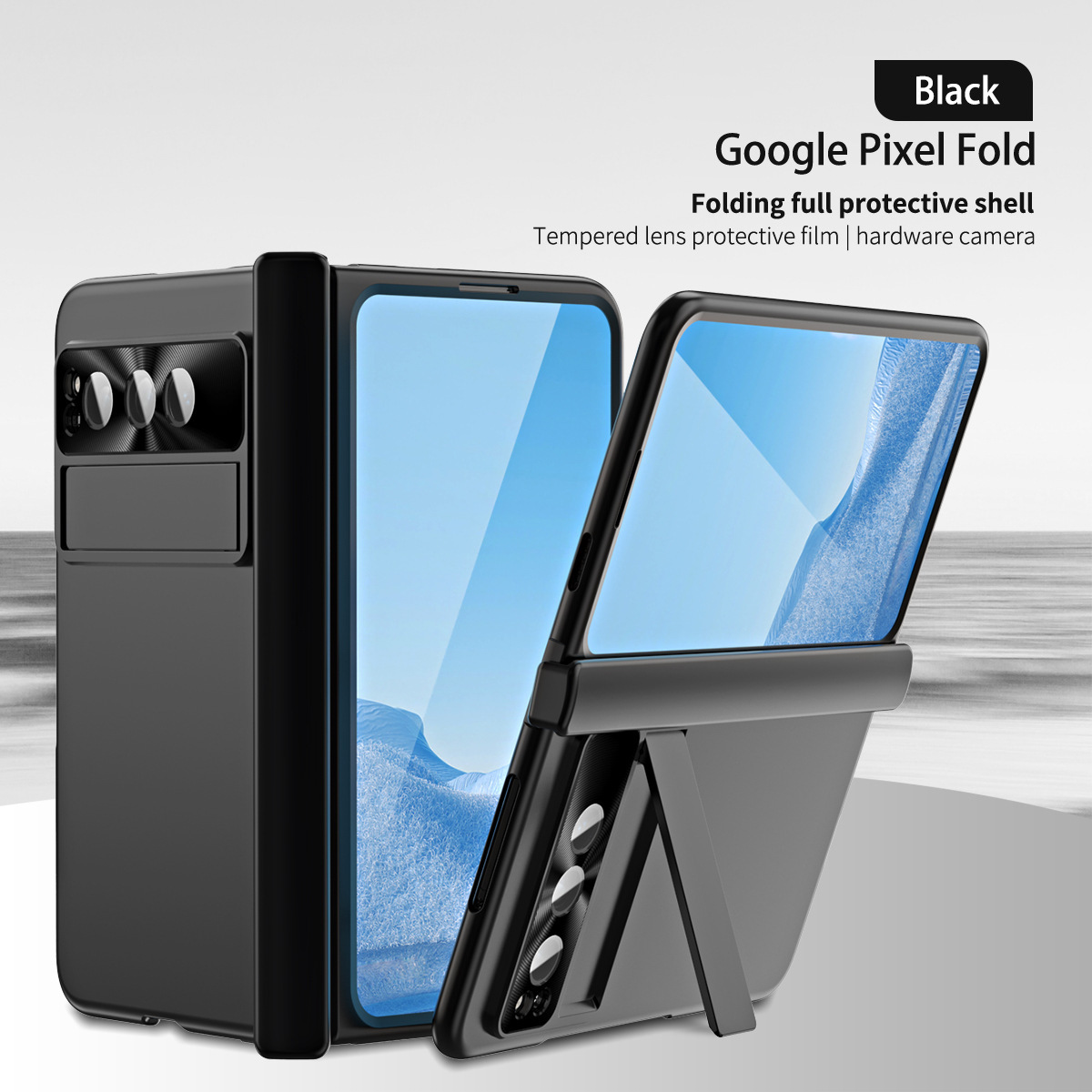 Compatible with Google Pixel Fold phone case, stand, hinge, and drop protection.