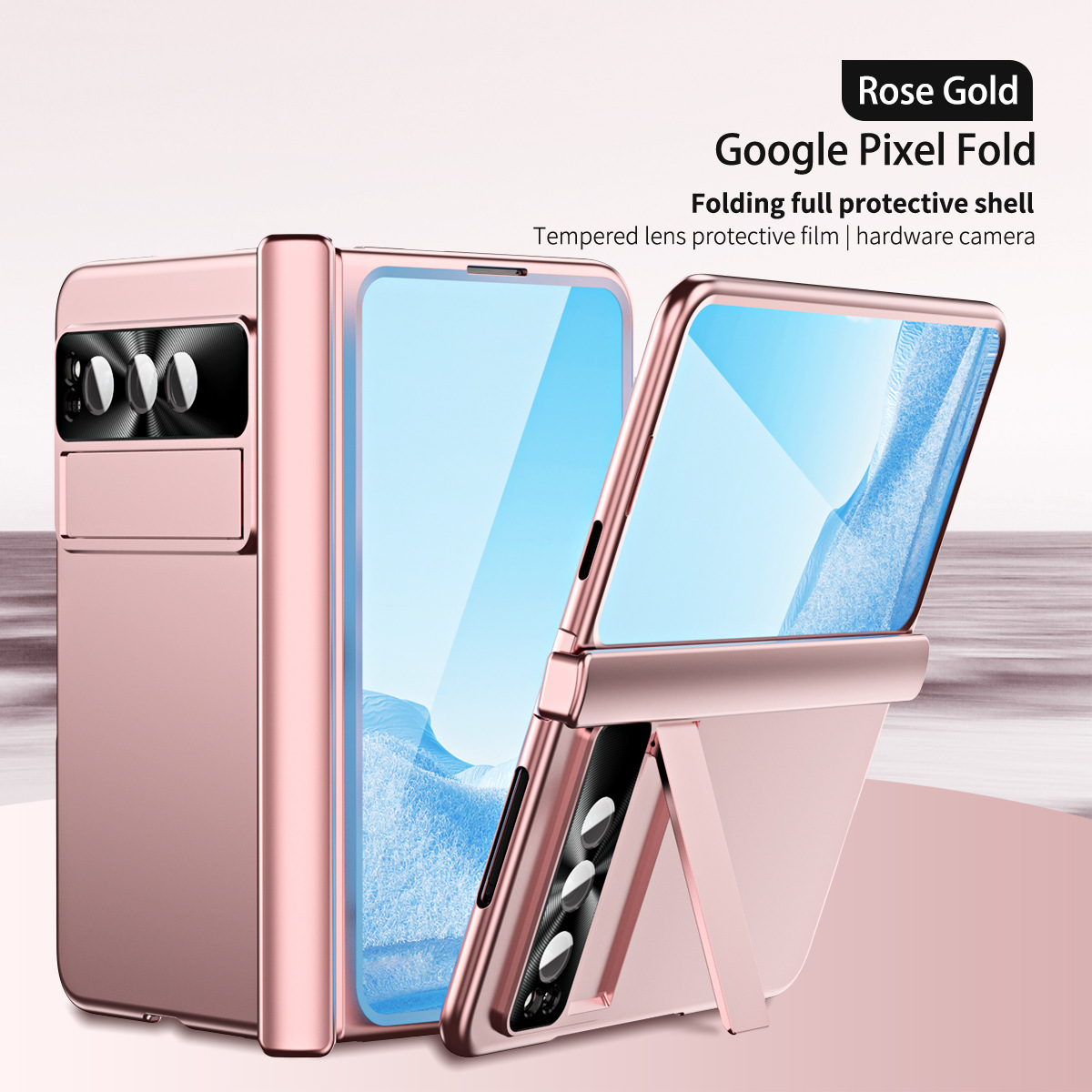 Compatible with Google Pixel Fold phone case, stand, hinge, and drop protection.