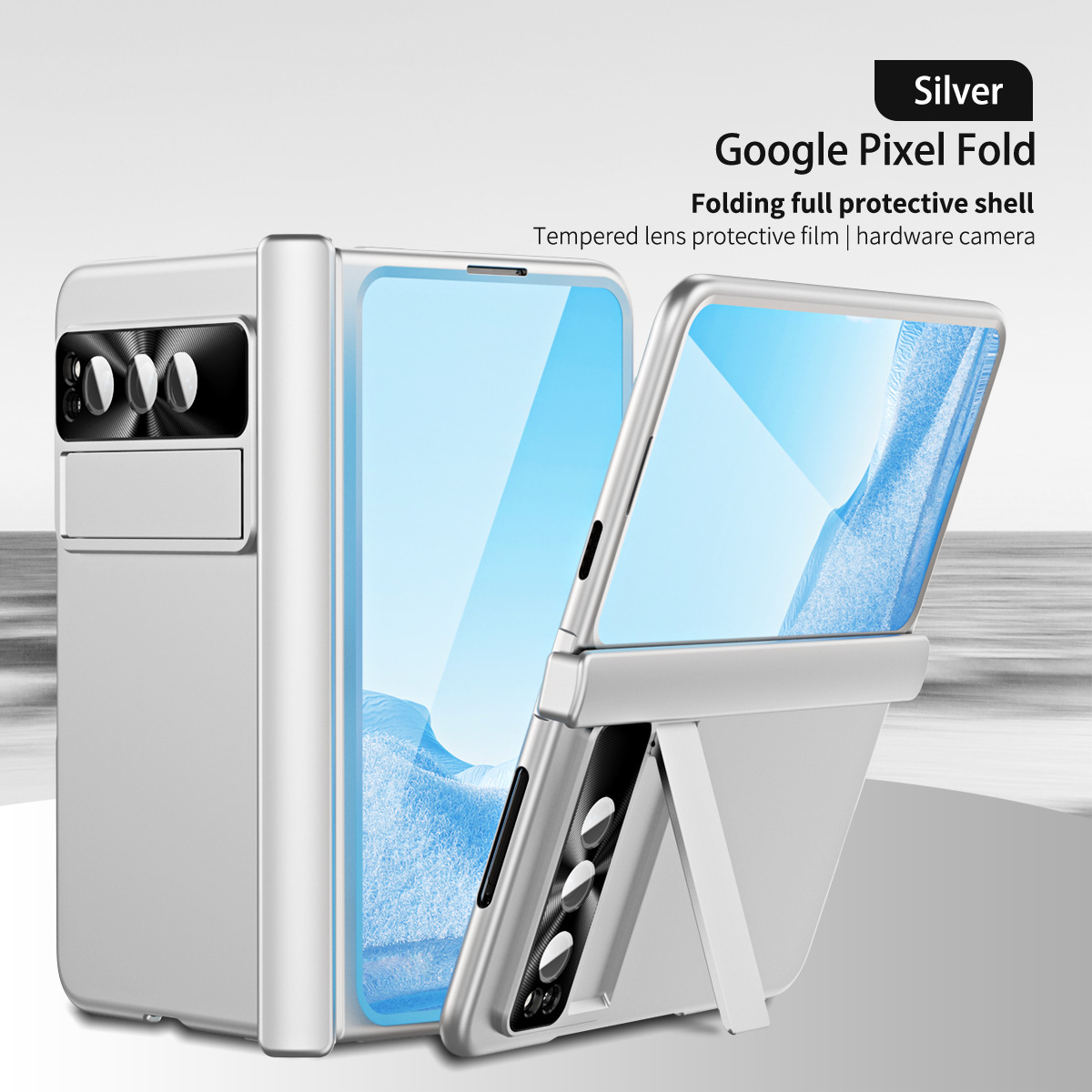 Compatible with Google Pixel Fold phone case, stand, hinge, and drop protection.