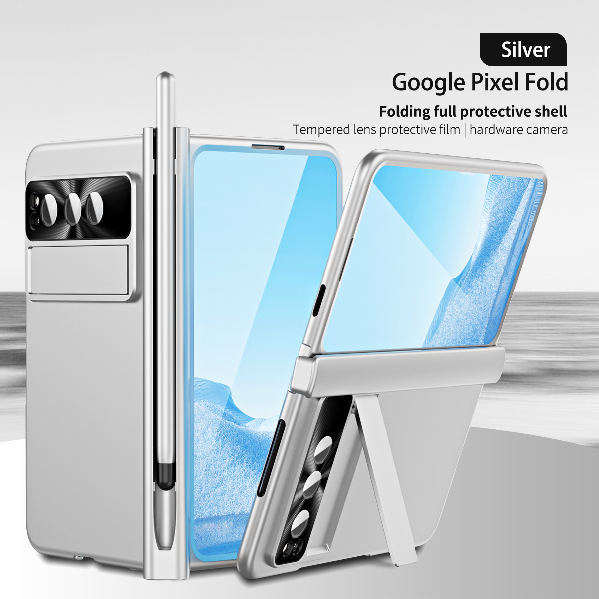 Compatible with Google Pixel Fold phone case, stand, hinge, and drop protection.