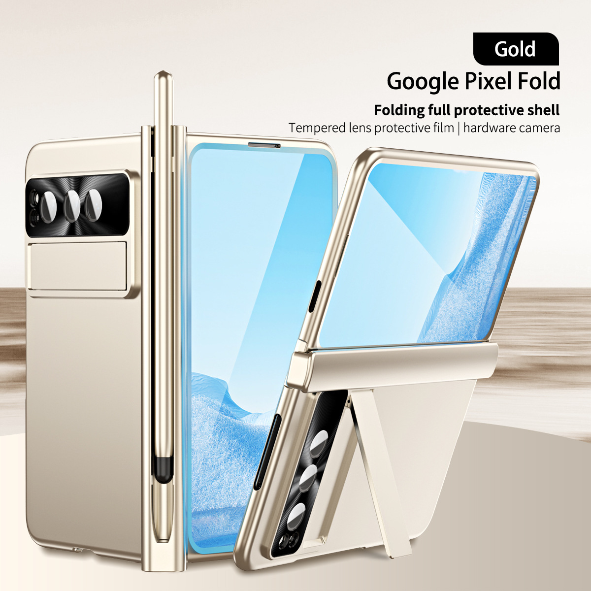 Compatible with Google Pixel Fold phone case, stand, hinge, and drop protection.