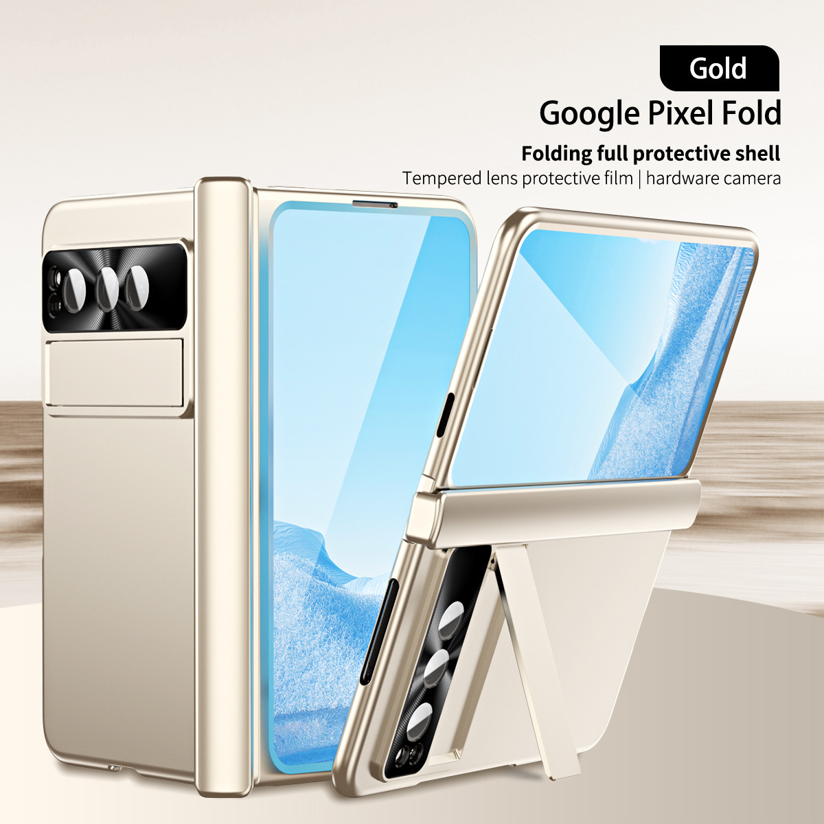 Compatible with Google Pixel Fold phone case, stand, hinge, and drop protection.