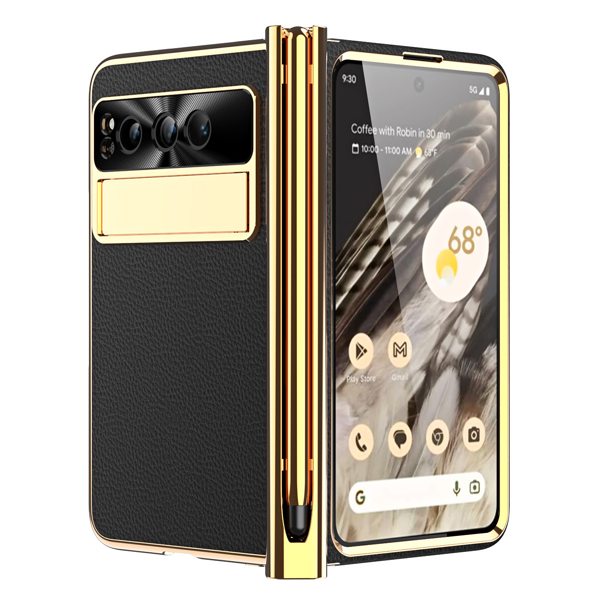 Compatible Google Pixel Fold phone case, vegan leather, electroplated stand, dual hinge, includes pen, screen protector, full-coverage protective case