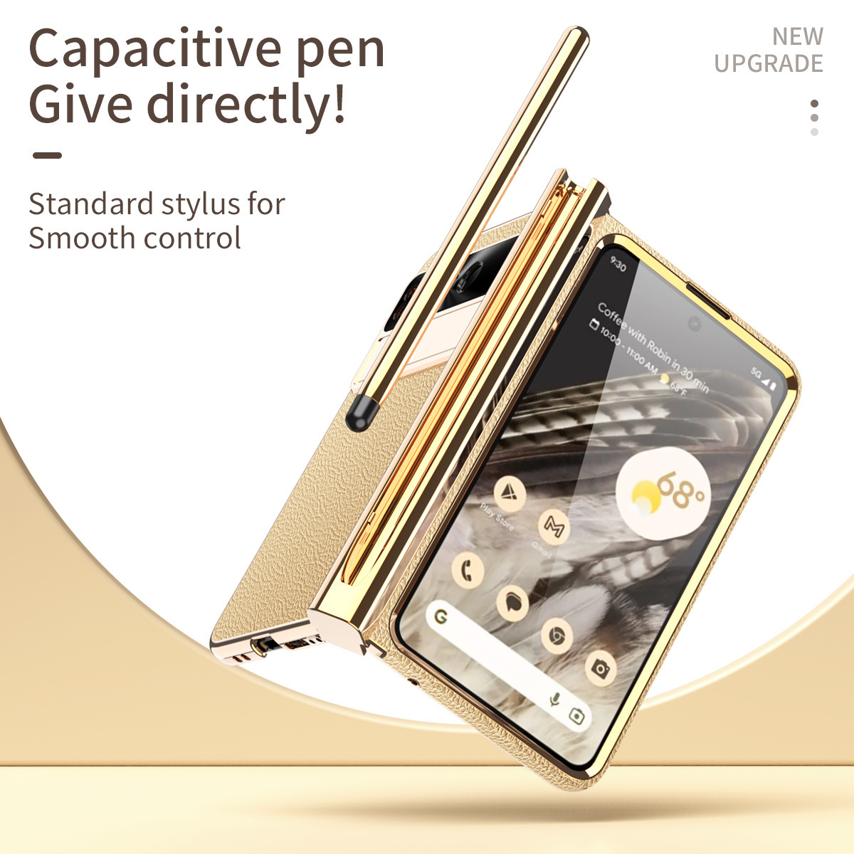 Compatible Google Pixel Fold phone case, vegan leather, electroplated stand, dual hinge, includes pen, screen protector, full-coverage protective case