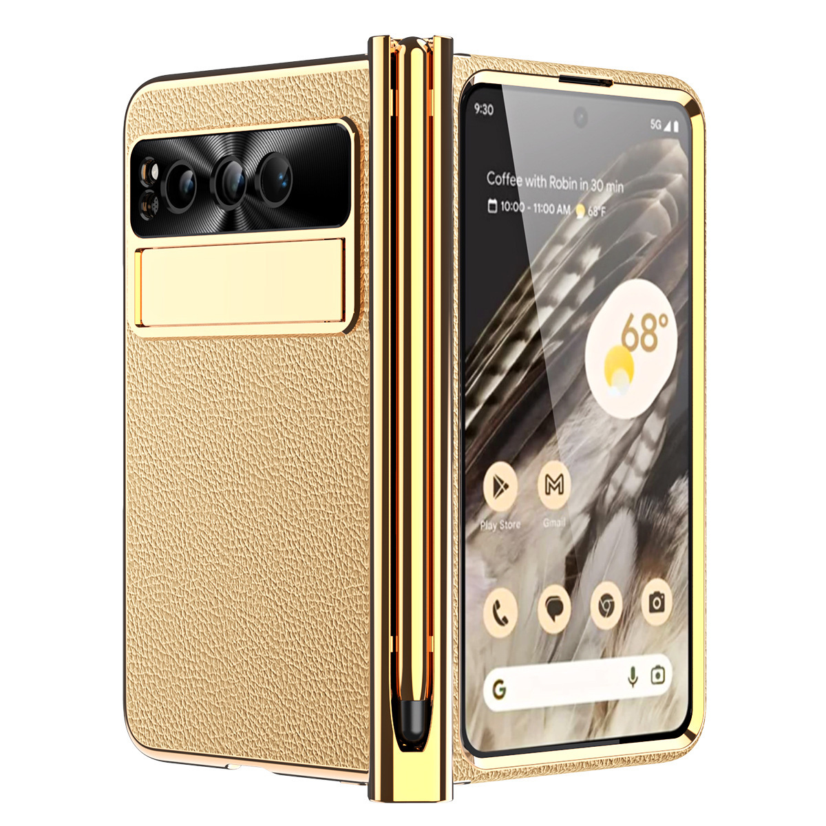 Compatible Google Pixel Fold phone case, vegan leather, electroplated stand, dual hinge, includes pen, screen protector, full-coverage protective case