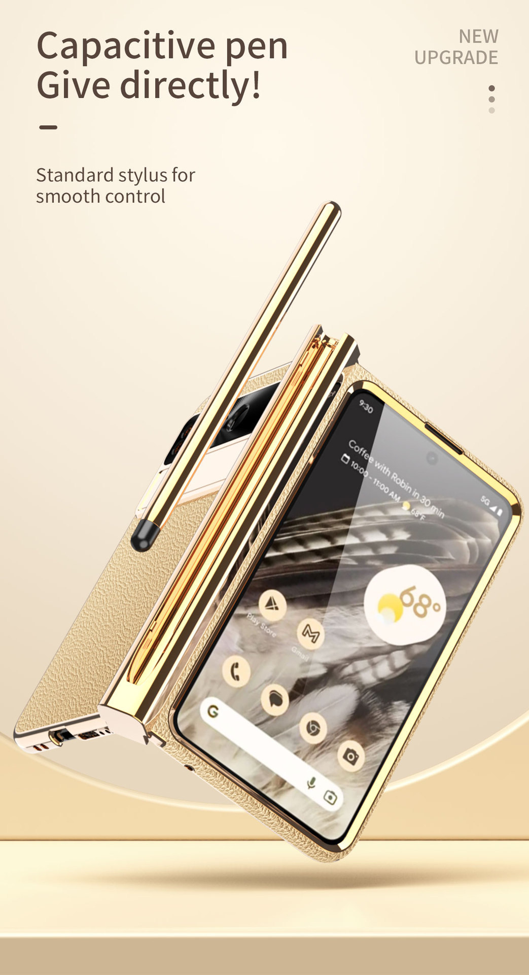 Compatible Google Pixel Fold phone case, vegan leather, electroplated stand, dual hinge, includes pen, screen protector, full-coverage protective case