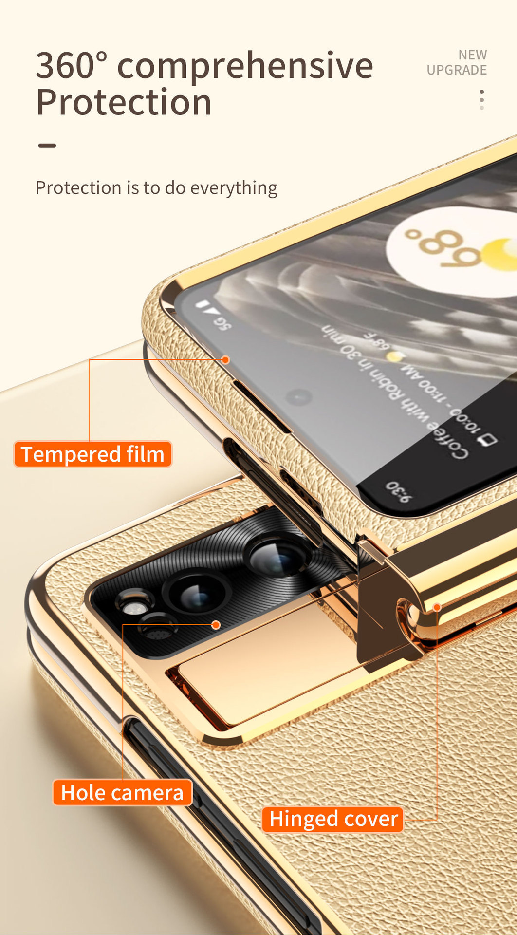 Compatible Google Pixel Fold phone case, vegan leather, electroplated stand, dual hinge, includes pen, screen protector, full-coverage protective case
