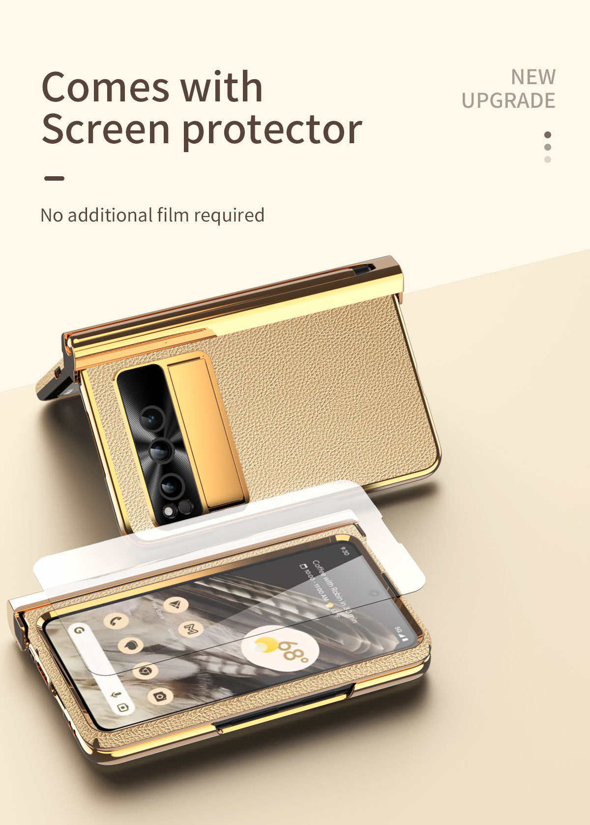 Compatible Google Pixel Fold phone case, vegan leather, electroplated stand, dual hinge, includes pen, screen protector, full-coverage protective case
