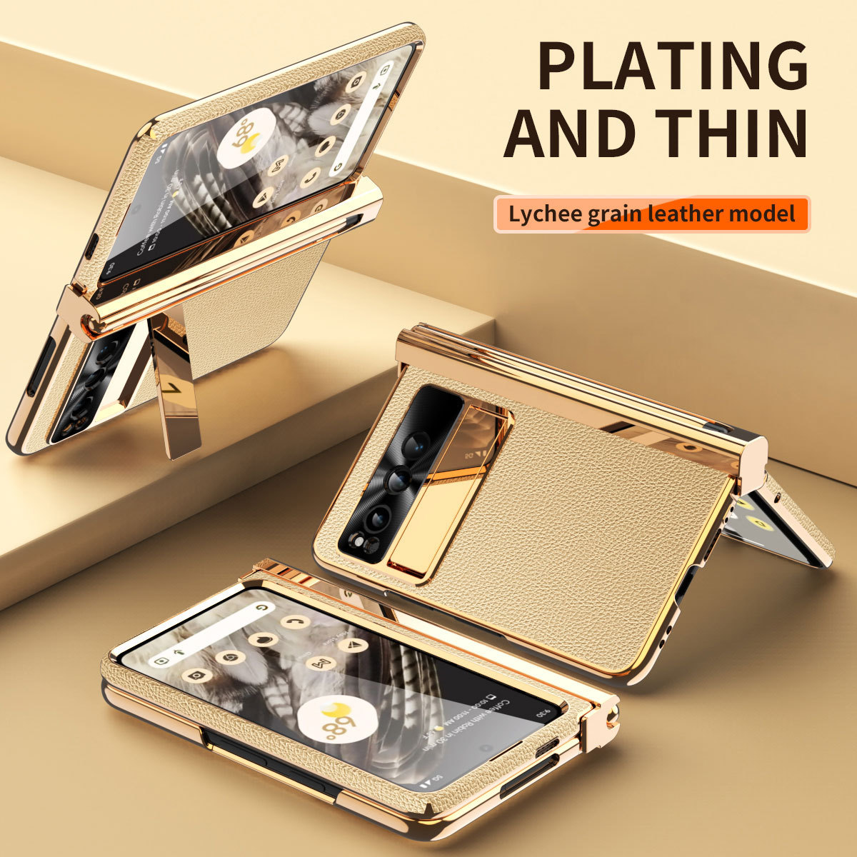 Compatible Google Pixel Fold phone case, vegan leather, electroplated stand, dual hinge, includes pen, screen protector, full-coverage protective case