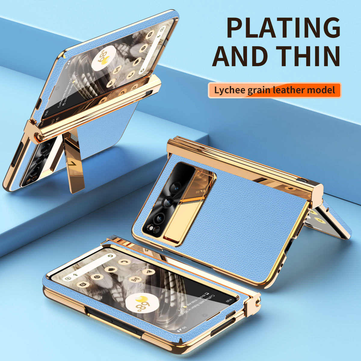 Compatible Google Pixel Fold phone case, vegan leather, electroplated stand, dual hinge, includes pen, screen protector, full-coverage protective case