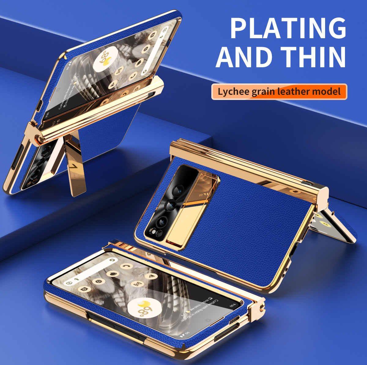 Compatible Google Pixel Fold phone case, vegan leather, electroplated stand, dual hinge, includes pen, screen protector, full-coverage protective case