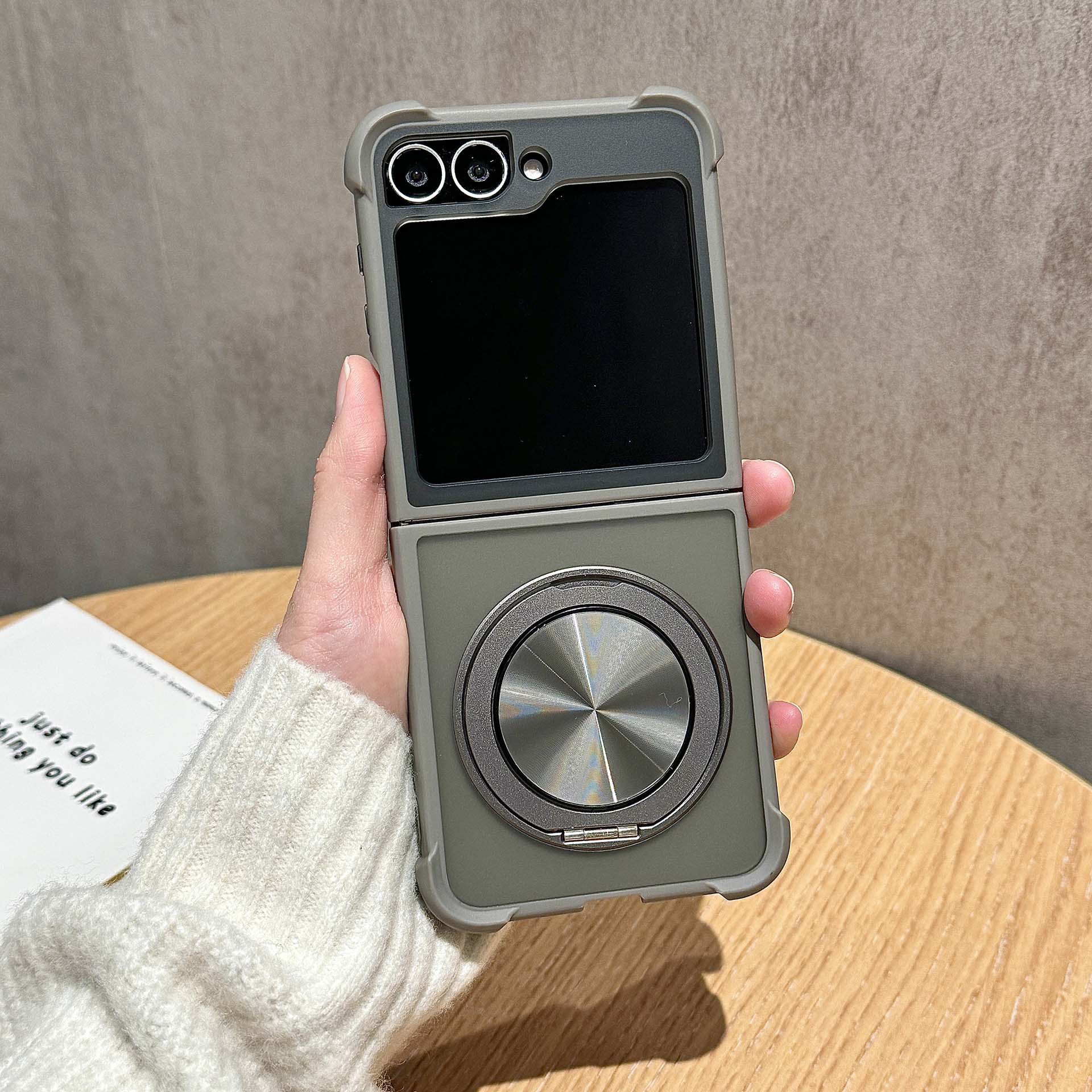 Compatible with Samsung Z Flip 7/6 phone case, 5/4 magnetic rotating ring holder, frosted airbag drop-proof protective case.