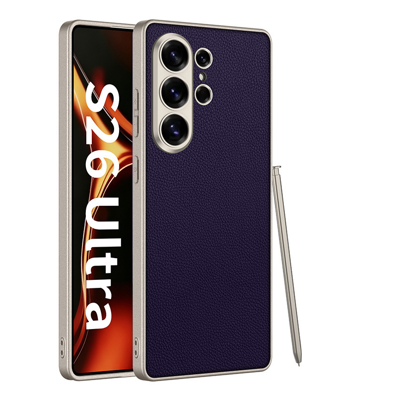 Compatible with Samsung S26 Ultra phone case, 25 Ultra metallic paint, vegan leather, S24U full-coverage shockproof protective case.