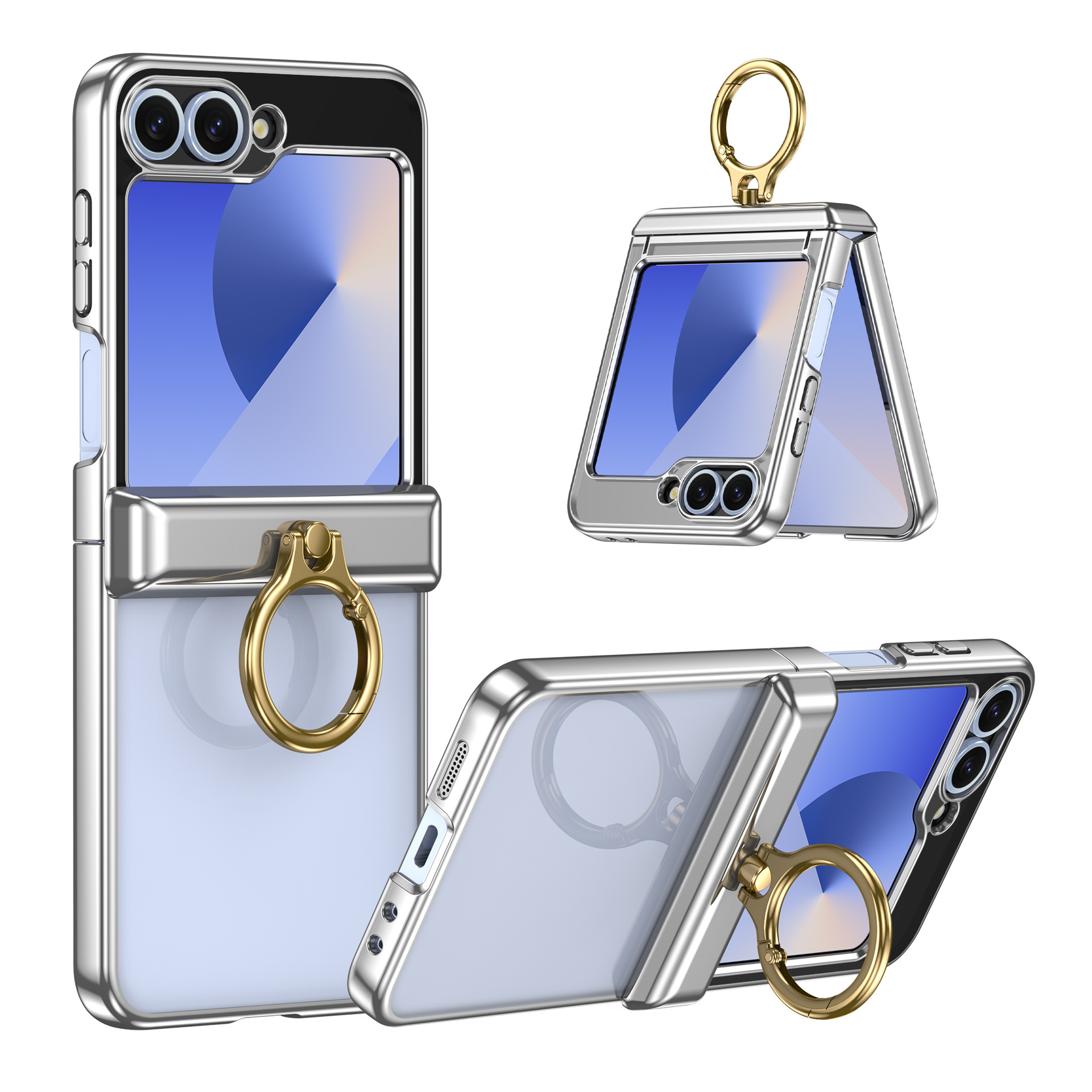 Compatible with Samsung Z Flip 7/6/5 phone case, electroplated transparent ring holder, central axis hinge, full-coverage protective case