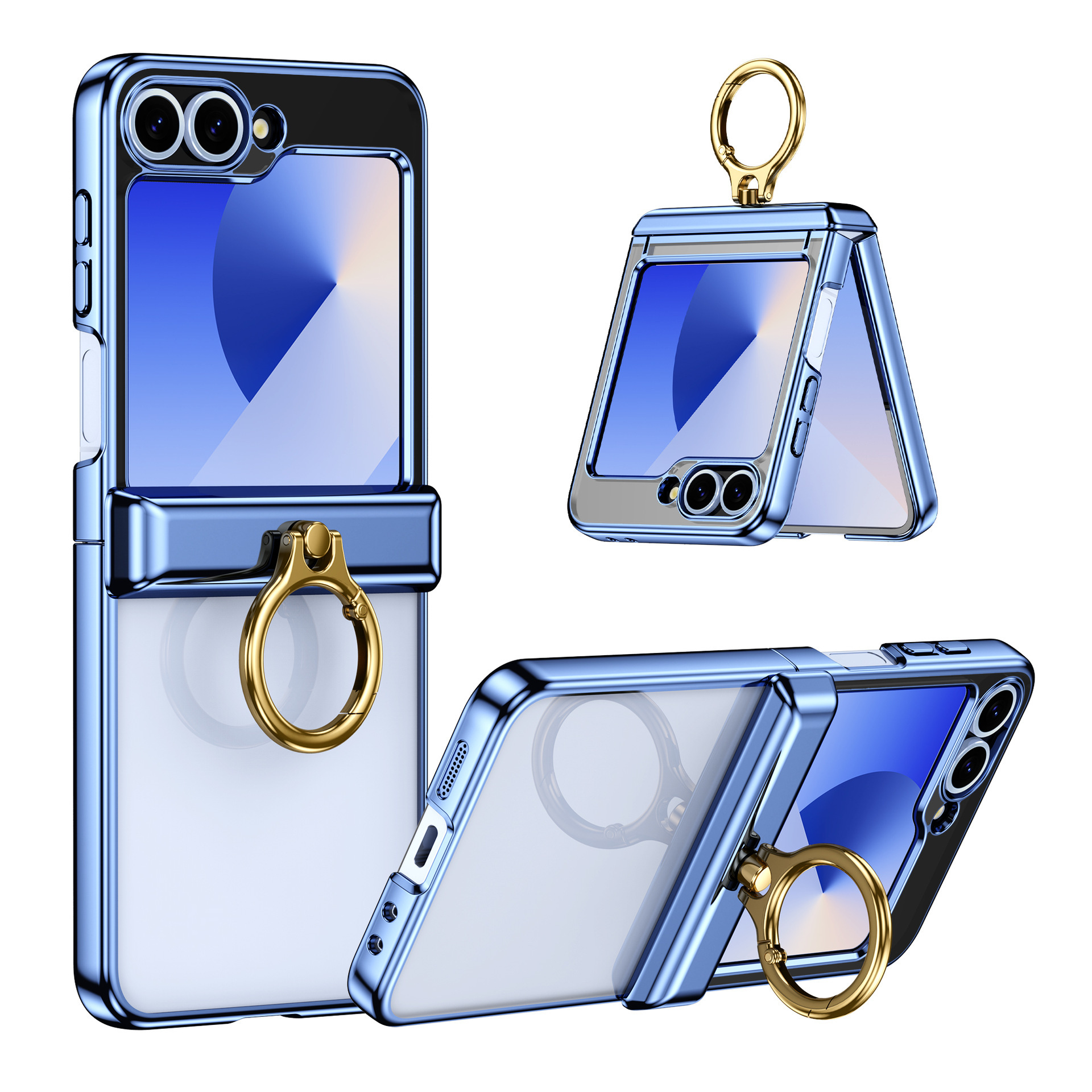 Compatible with Samsung Z Flip 7/6/5 phone case, electroplated transparent ring holder, central axis hinge, full-coverage protective case