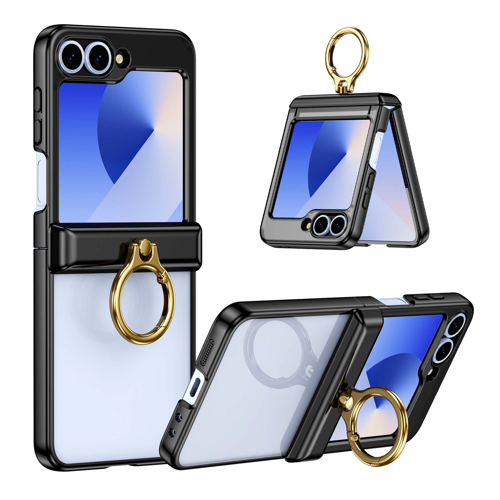 Compatible with Samsung Z Flip 7/6/5 phone case, electroplated transparent ring holder, central axis hinge, full-coverage protective case
