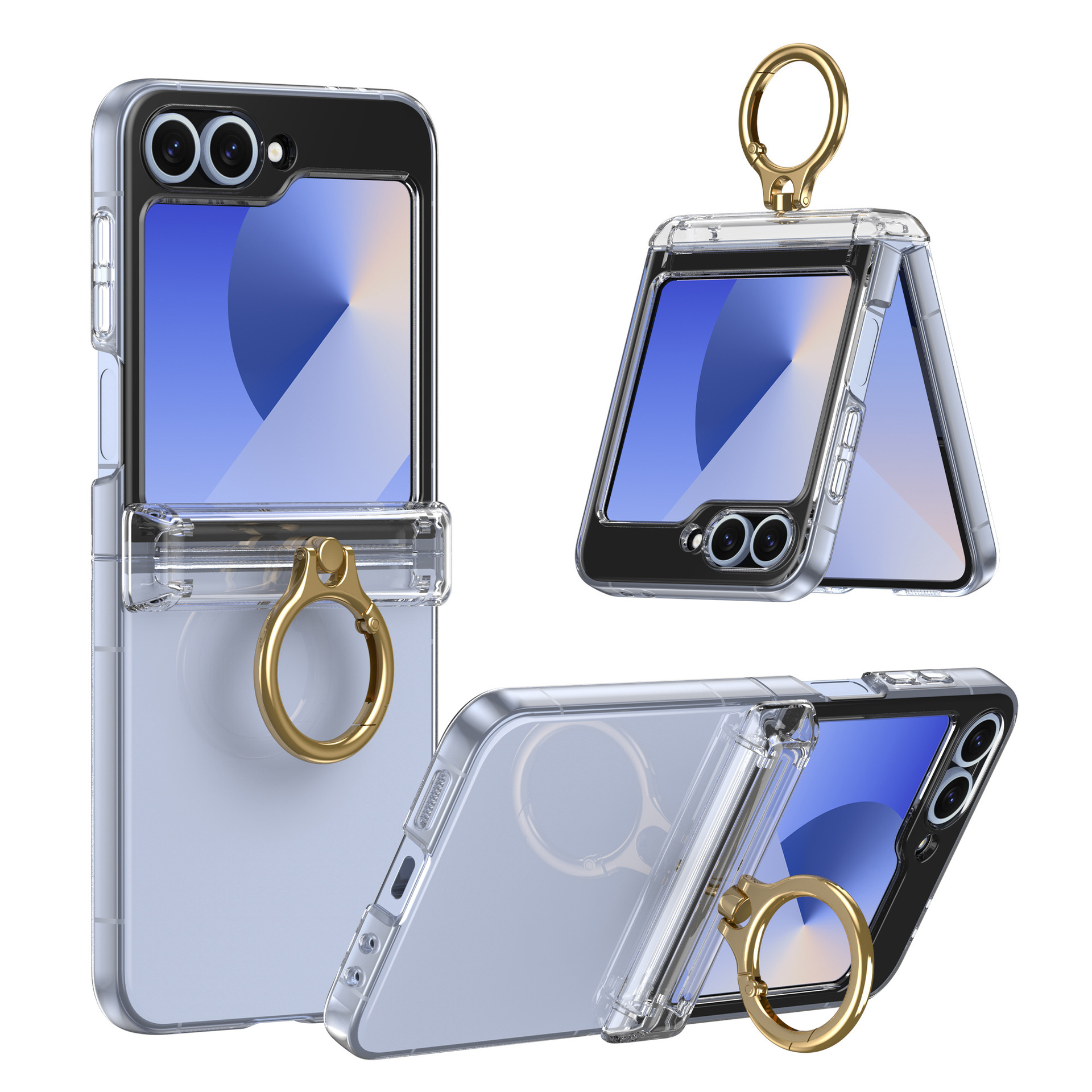 Compatible with Samsung Z Flip 7/6/5 phone case, electroplated transparent ring holder, central axis hinge, full-coverage protective case