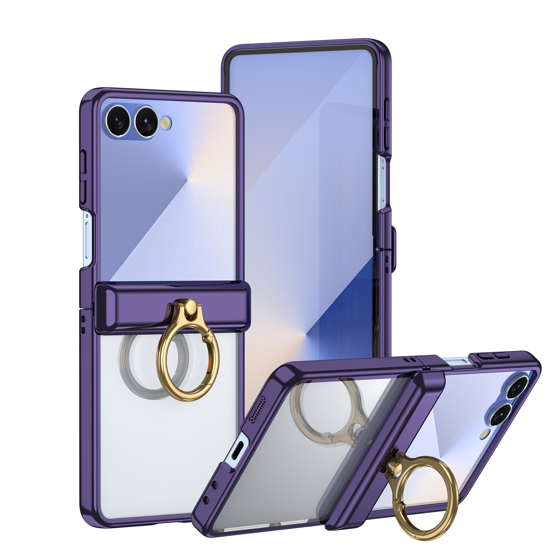 Compatible with Samsung Z Flip 7/6/5 phone case, electroplated transparent ring holder, central axis hinge, full-coverage protective case