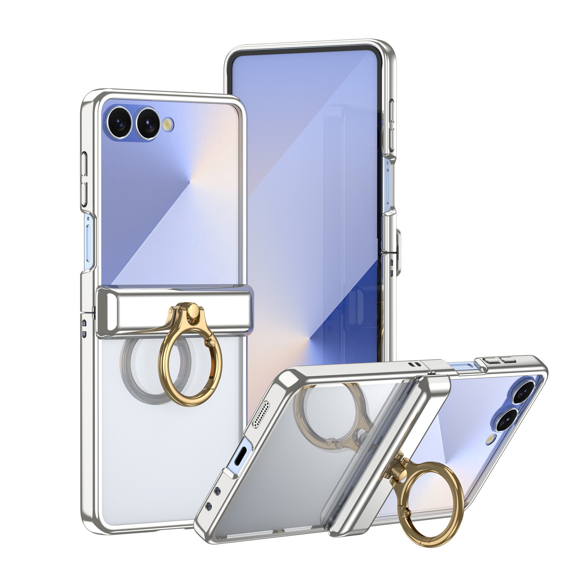 Compatible with Samsung Z Flip 7/6/5 phone case, electroplated transparent ring holder, central axis hinge, full-coverage protective case