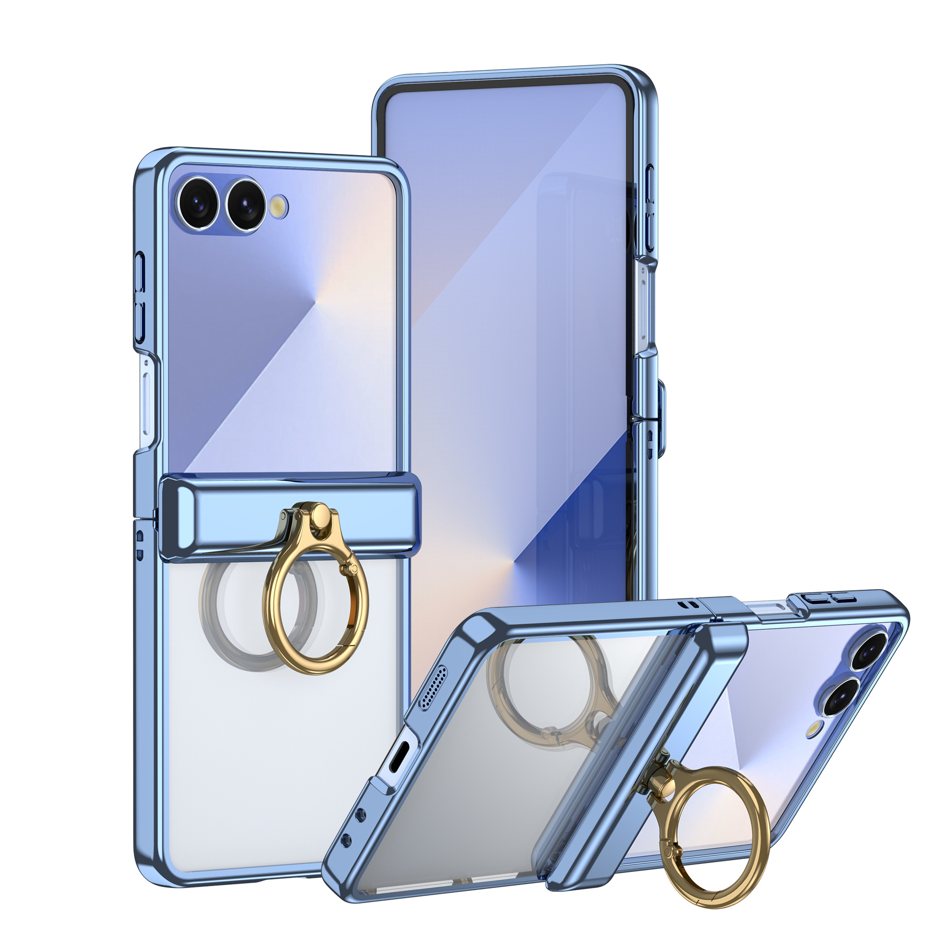 Compatible with Samsung Z Flip 7/6/5 phone case, electroplated transparent ring holder, central axis hinge, full-coverage protective case