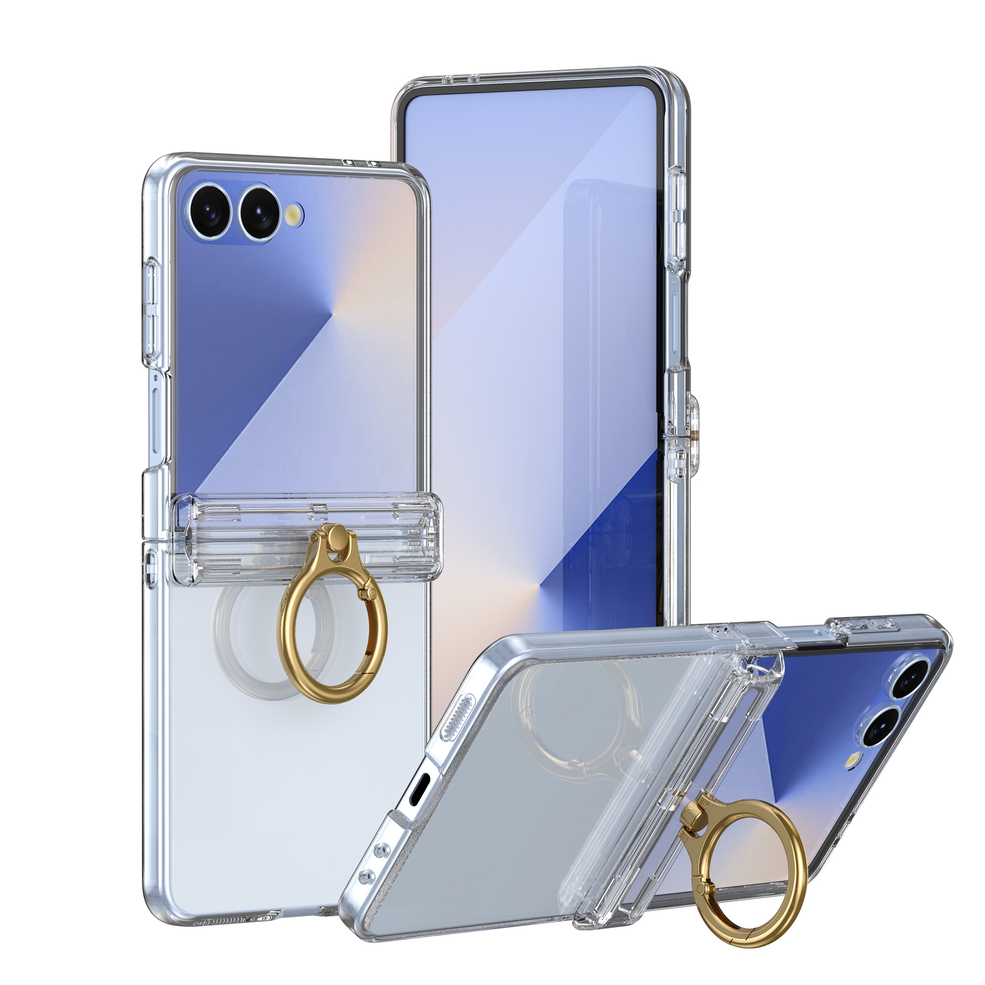 Compatible with Samsung Z Flip 7/6/5 phone case, electroplated transparent ring holder, central axis hinge, full-coverage protective case