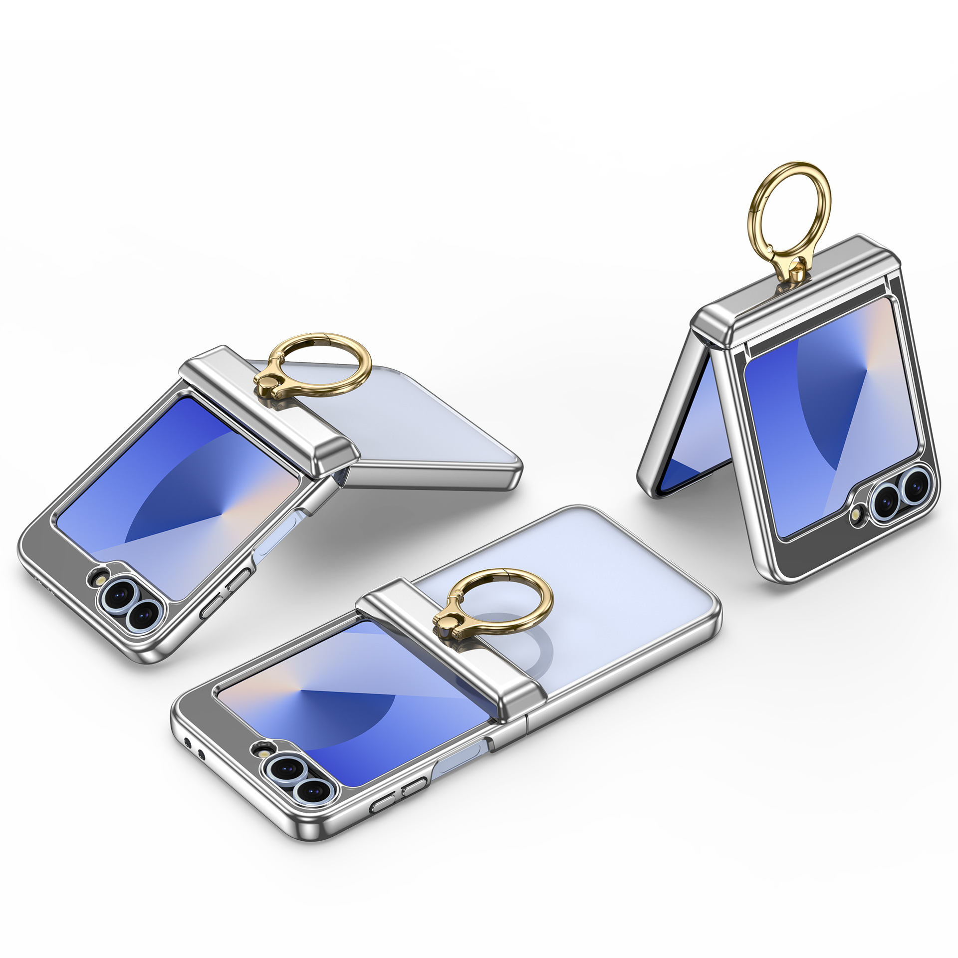 Compatible with Samsung Z Flip 7/6/5 phone case, electroplated transparent ring holder, central axis hinge, full-coverage protective case