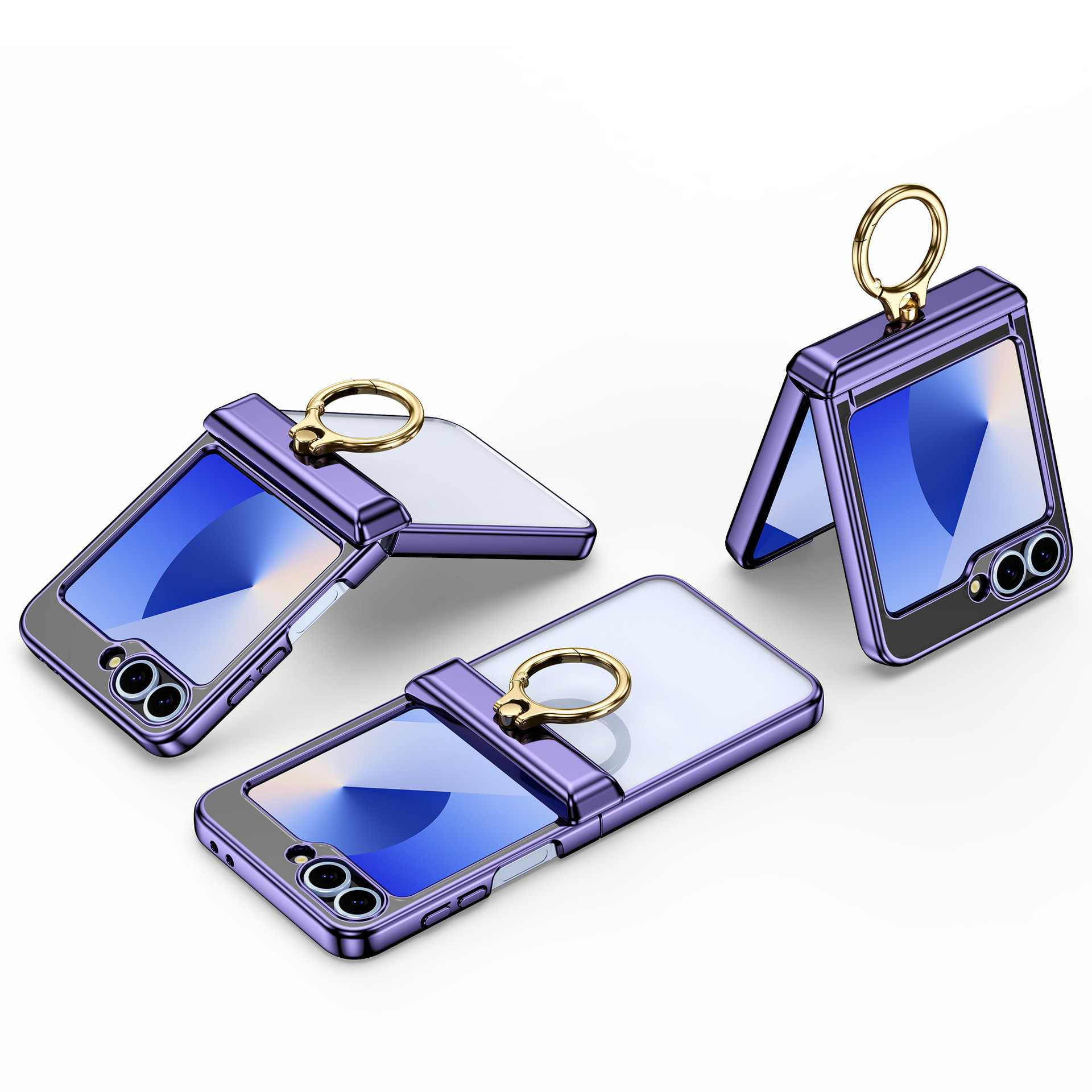 Compatible with Samsung Z Flip 7/6/5 phone case, electroplated transparent ring holder, central axis hinge, full-coverage protective case