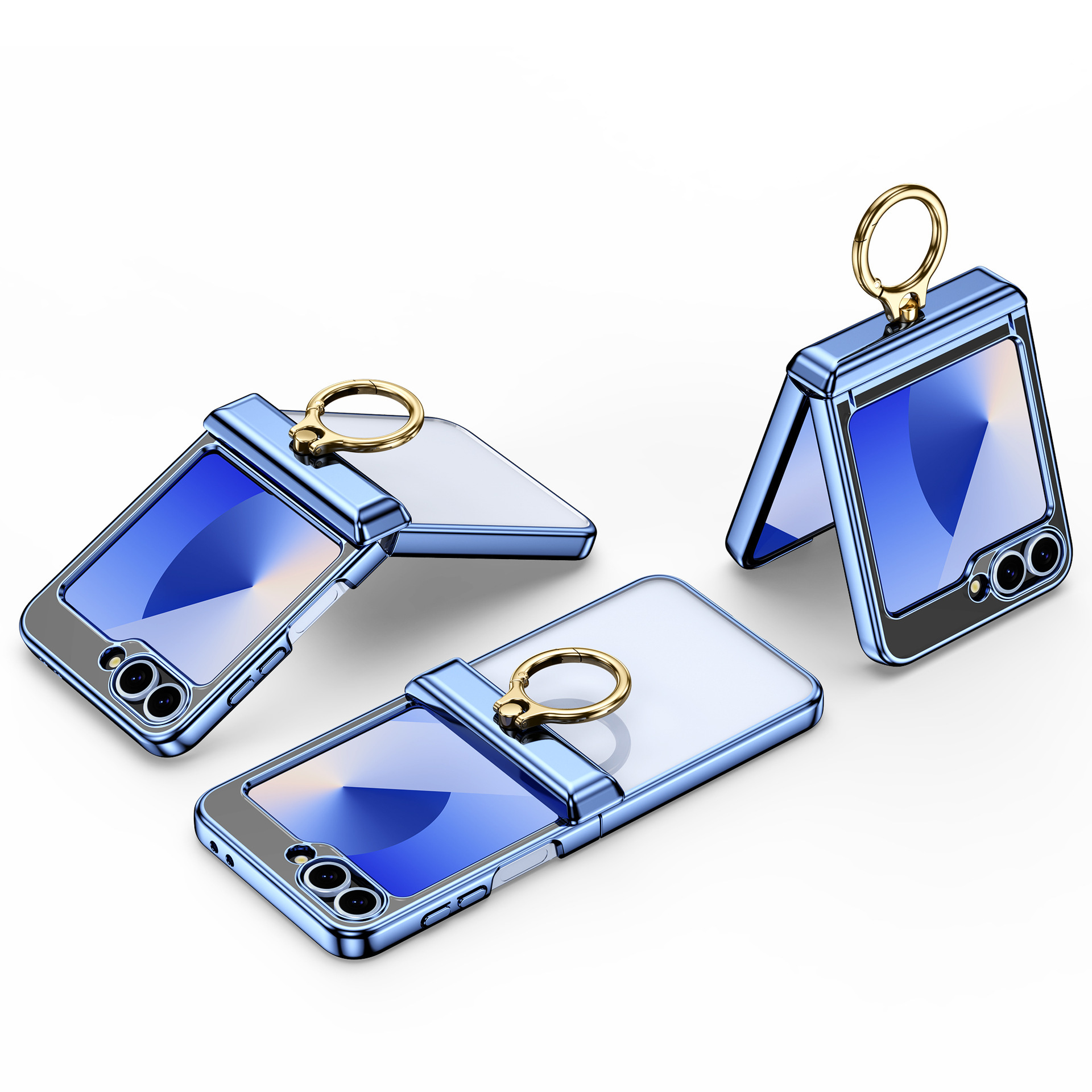 Compatible with Samsung Z Flip 7/6/5 phone case, electroplated transparent ring holder, central axis hinge, full-coverage protective case