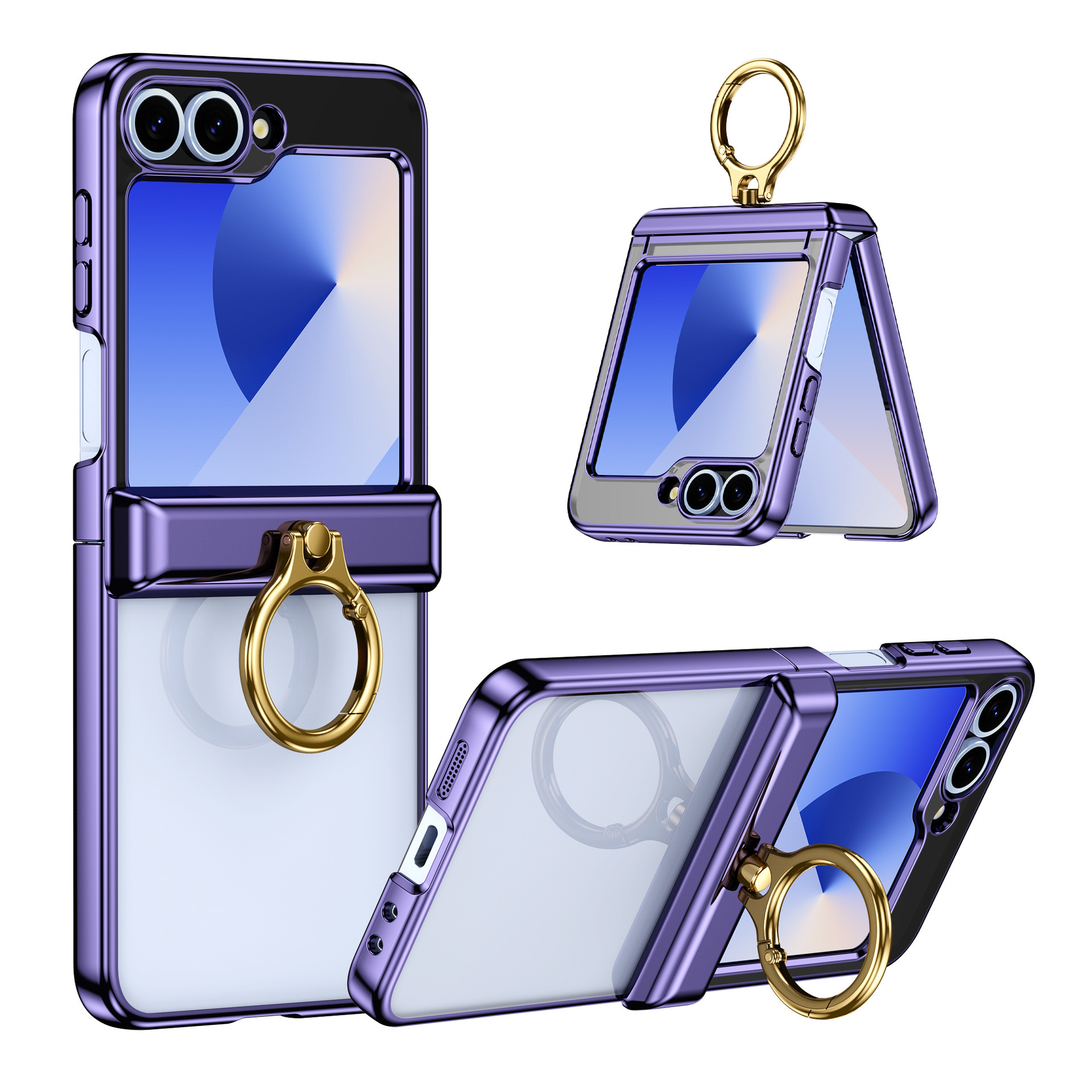 Compatible with Samsung Z Flip 7/6/5 phone case, electroplated transparent ring holder, central axis hinge, full-coverage protective case
