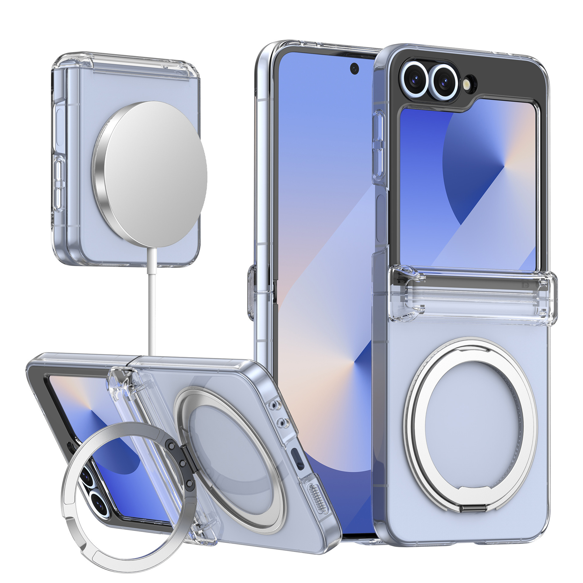 Compatible with Samsung Z Flip 7/6/5 phone case, 360 magnetic stand, wireless charging, transparent, drop-proof protective case