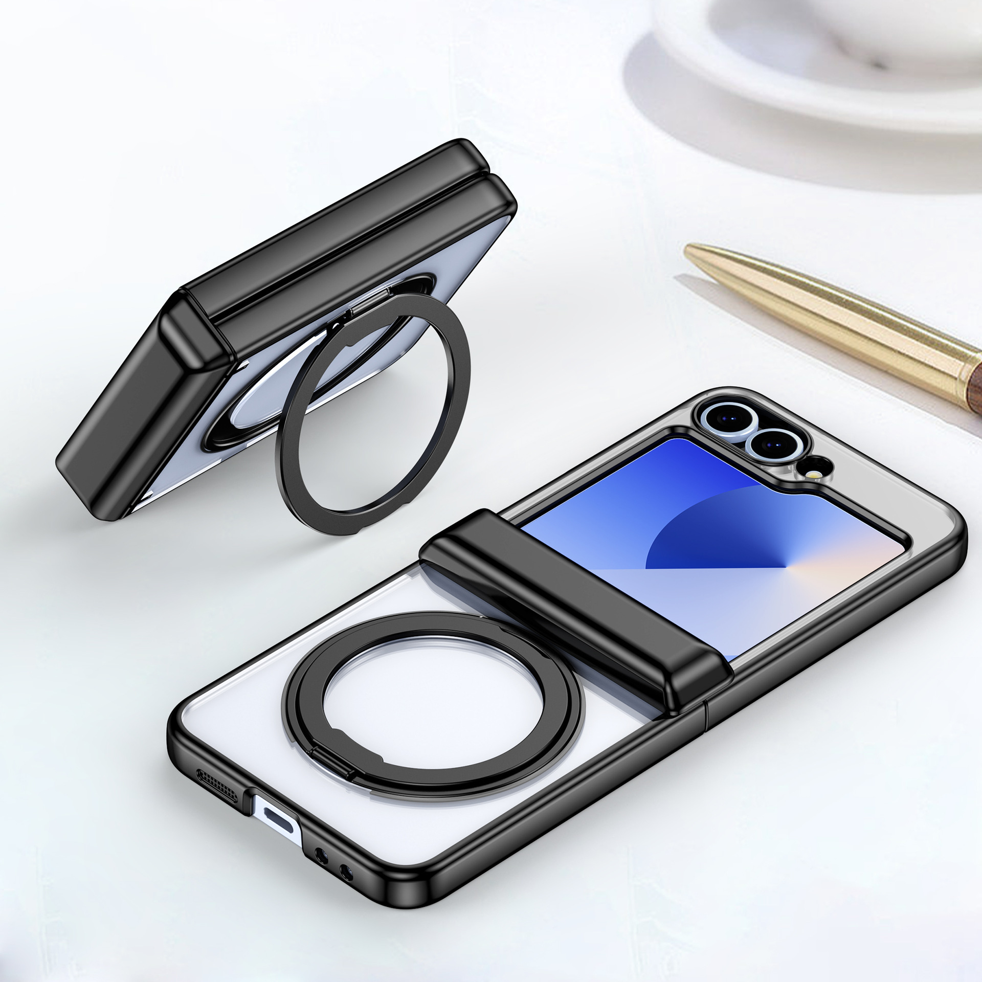 Compatible with Samsung Z Flip 7/6/5 phone case, 360 magnetic stand, wireless charging, transparent, drop-proof protective case