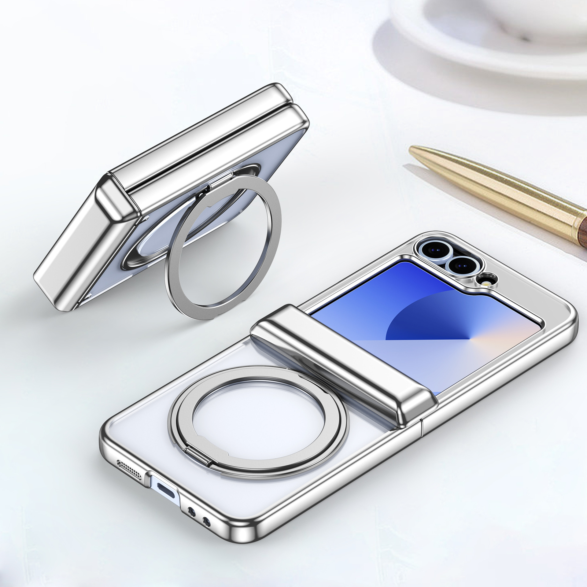 Compatible with Samsung Z Flip 7/6/5 phone case, 360 magnetic stand, wireless charging, transparent, drop-proof protective case