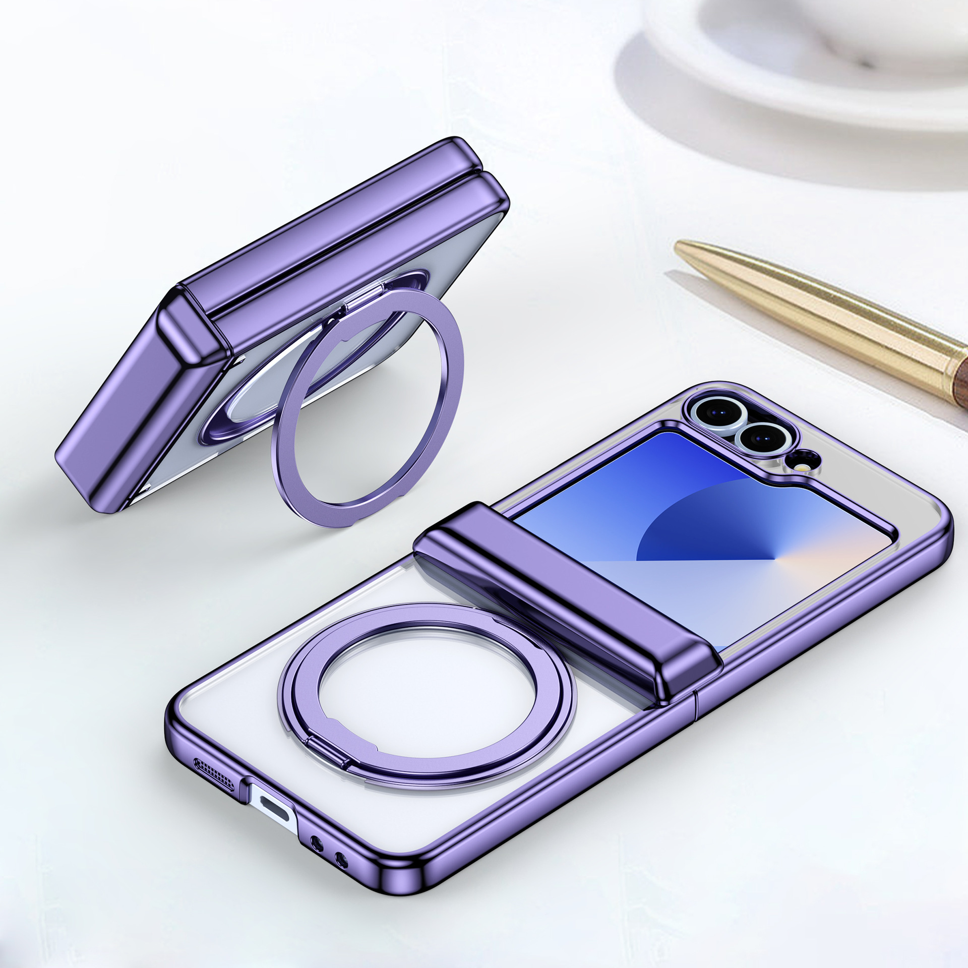 Compatible with Samsung Z Flip 7/6/5 phone case, 360 magnetic stand, wireless charging, transparent, drop-proof protective case