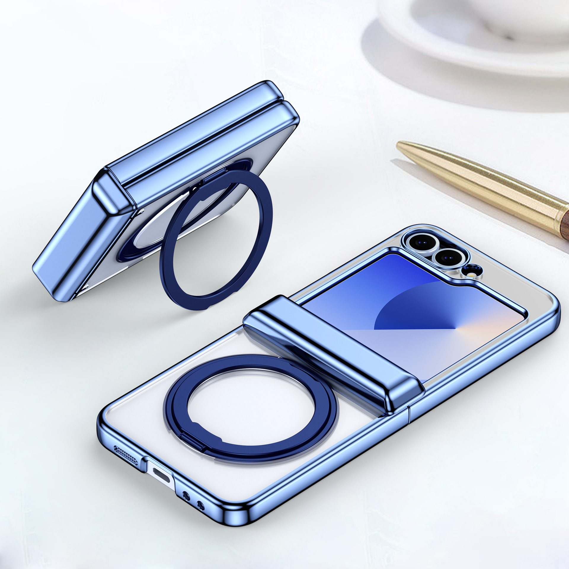 Compatible with Samsung Z Flip 7/6/5 phone case, 360 magnetic stand, wireless charging, transparent, drop-proof protective case