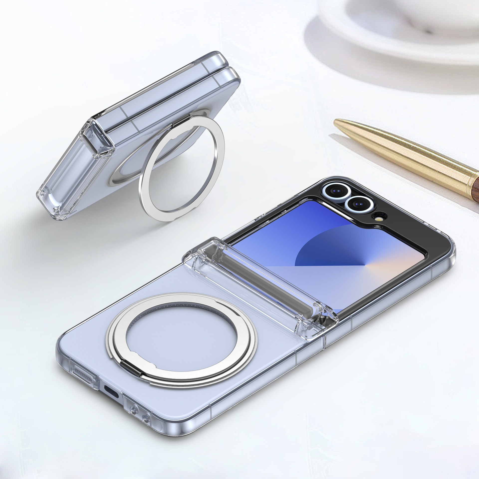 Compatible with Samsung Z Flip 7/6/5 phone case, 360 magnetic stand, wireless charging, transparent, drop-proof protective case