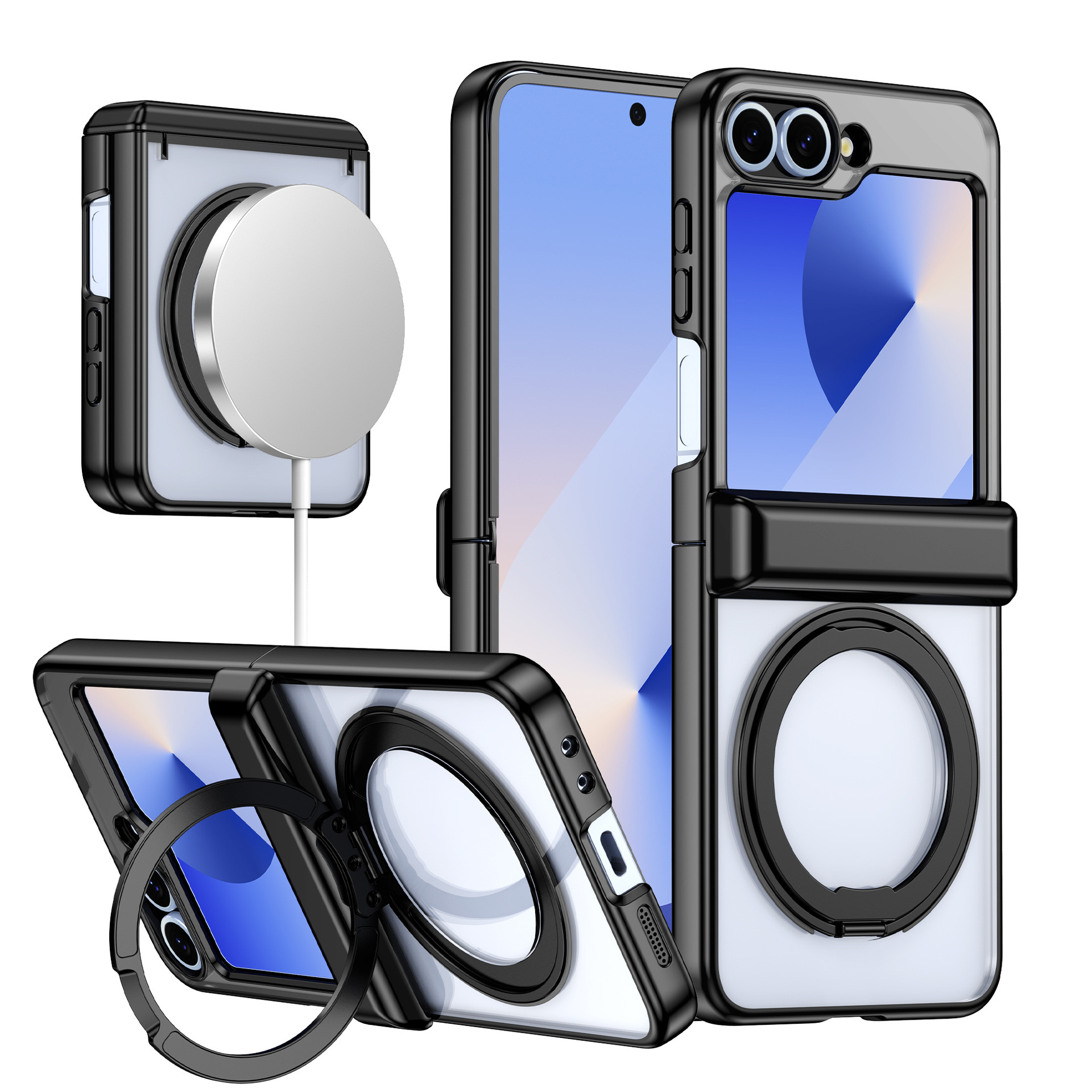 Compatible with Samsung Z Flip 7/6/5 phone case, 360 magnetic stand, wireless charging, transparent, drop-proof protective case