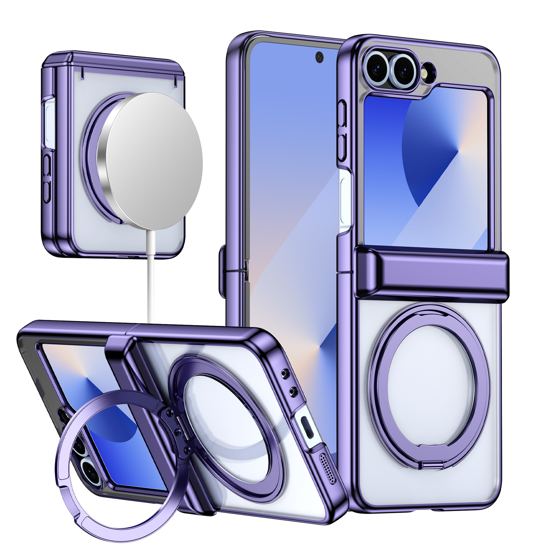 Compatible with Samsung Z Flip 7/6/5 phone case, 360 magnetic stand, wireless charging, transparent, drop-proof protective case