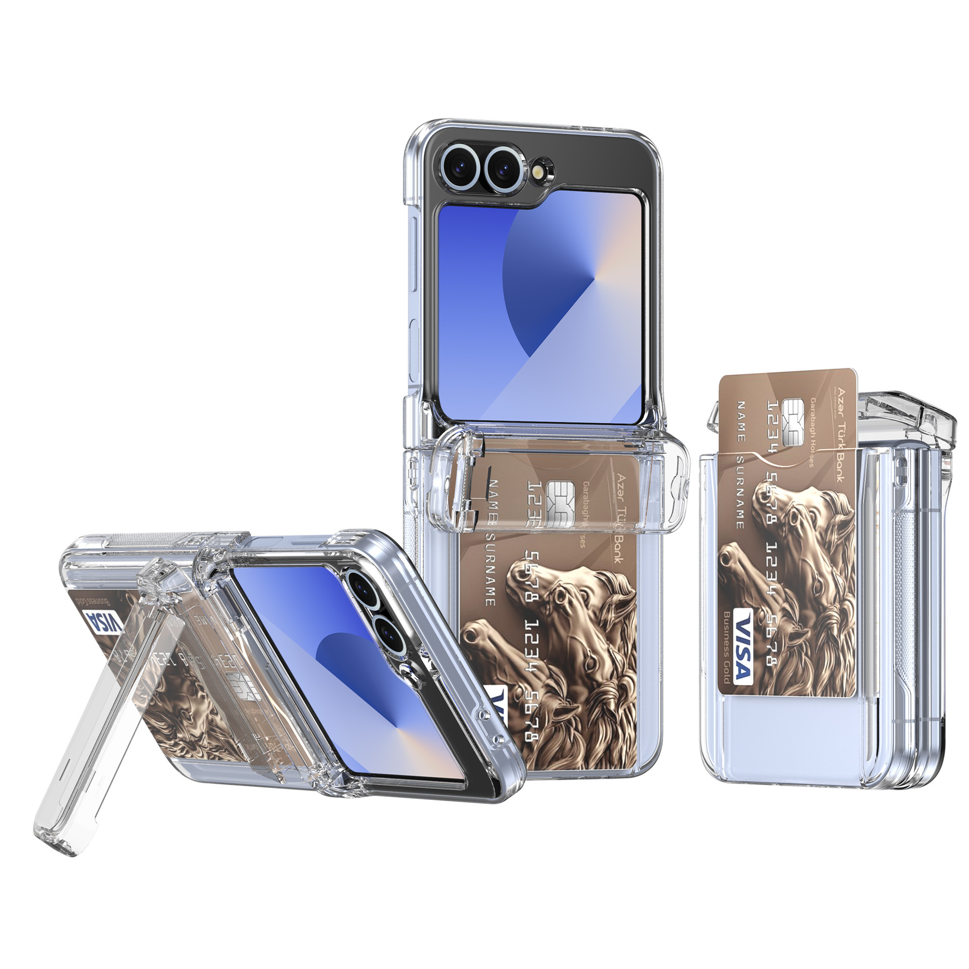 Compatible with Samsung Z Flip 6/5 phone case, Flip 7 card slot holder, spring hinge, fully transparent drop-proof protective case
