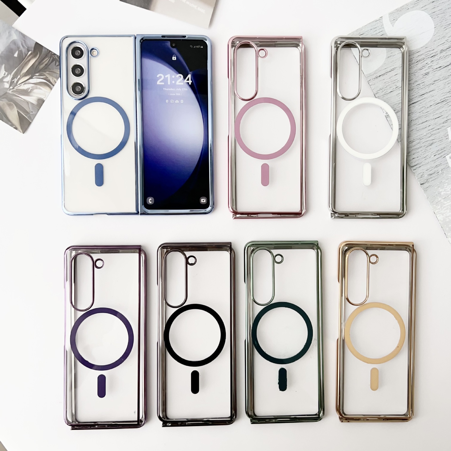 Compatible with Samsung Z Flip 8/7 phone case, electroplated transparent 6/5mm magnetic wireless charging 4/3mm drop-proof protective case