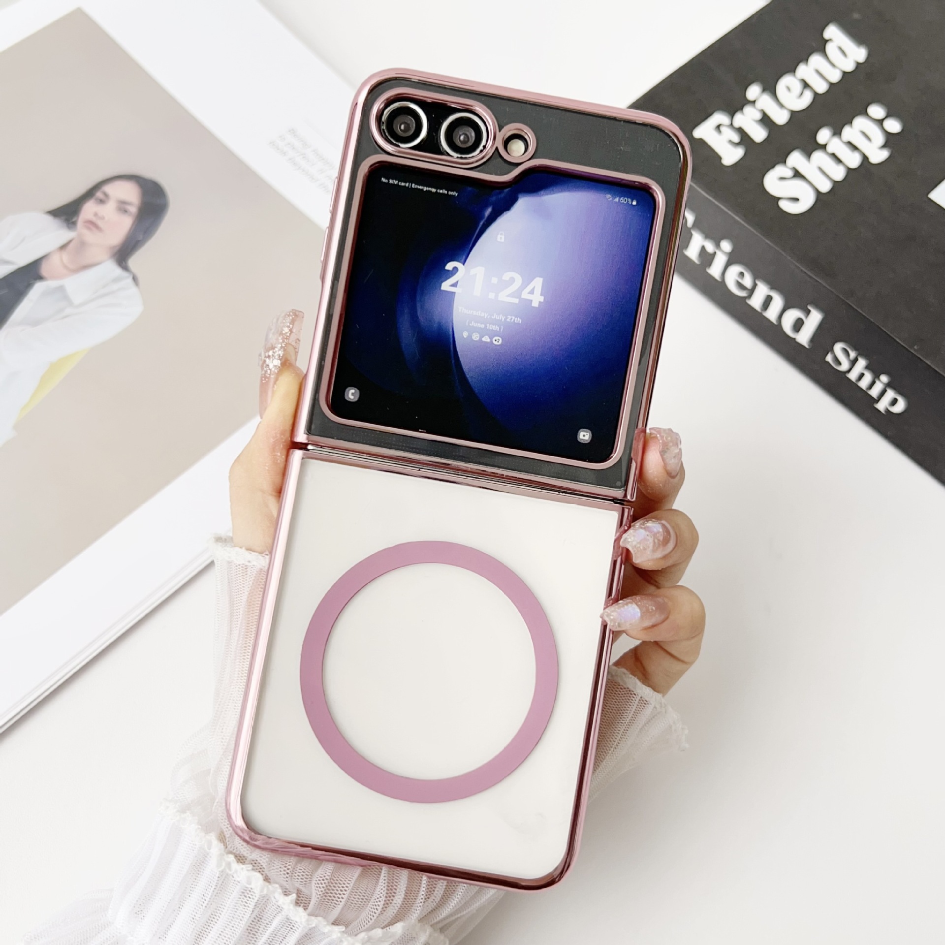 Compatible with Samsung Z Flip 8/7 phone case, electroplated transparent 6/5mm magnetic wireless charging 4/3mm drop-proof protective case