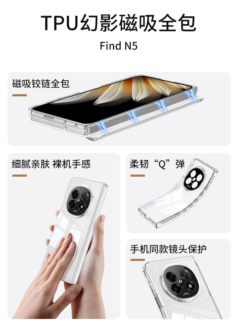 Compatible with OPPO Find N5 phone case, transparent TPU magnetic hinge back cover, precision-perforated folding screen protective case