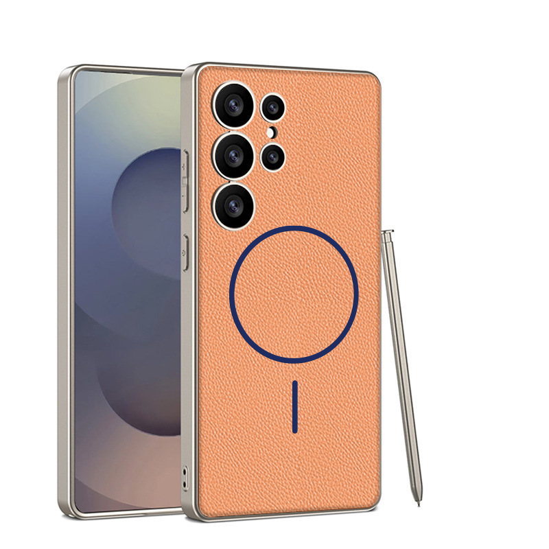 Compatible with Samsung S26/S25 Ultra phone case, two-tone design, thin ring, built-in magnetic wireless charging, vegan leather protective case