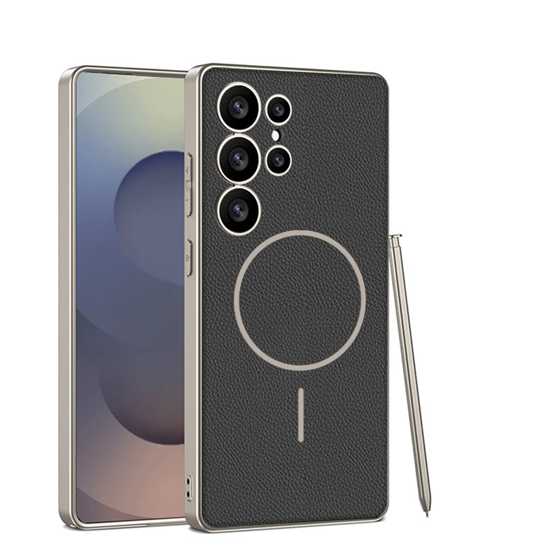 Compatible with Samsung S26/S25 Ultra phone case, two-tone design, thin ring, built-in magnetic wireless charging, vegan leather protective case