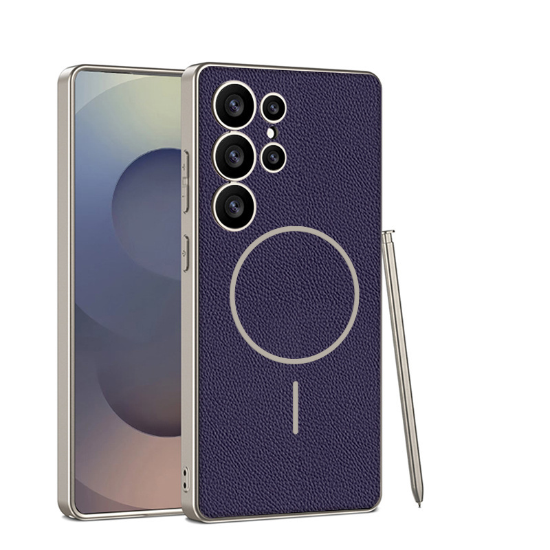 Compatible with Samsung S26/S25 Ultra phone case, two-tone design, thin ring, built-in magnetic wireless charging, vegan leather protective case