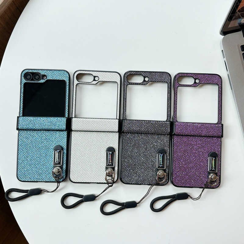 Compatible with Samsung Z Flip 8/7 phone case, 6/5 stand, carrying strap, vegan leather, 4/3 folding screen protective case