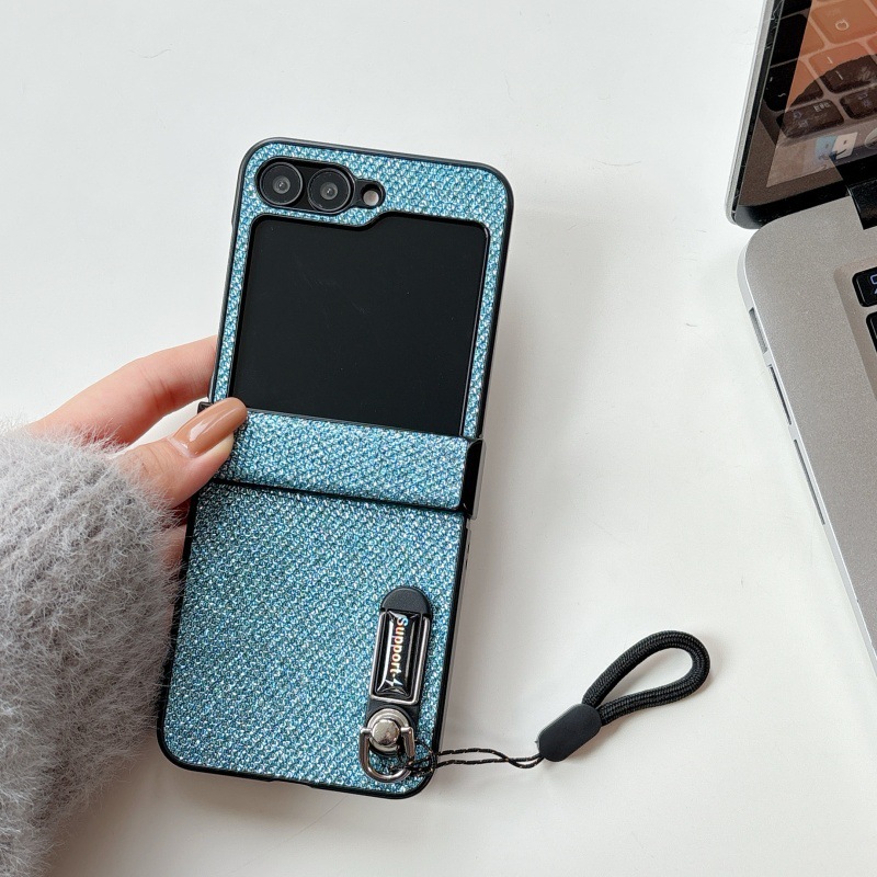 Compatible with Samsung Z Flip 8/7 phone case, 6/5 stand, carrying strap, vegan leather, 4/3 folding screen protective case
