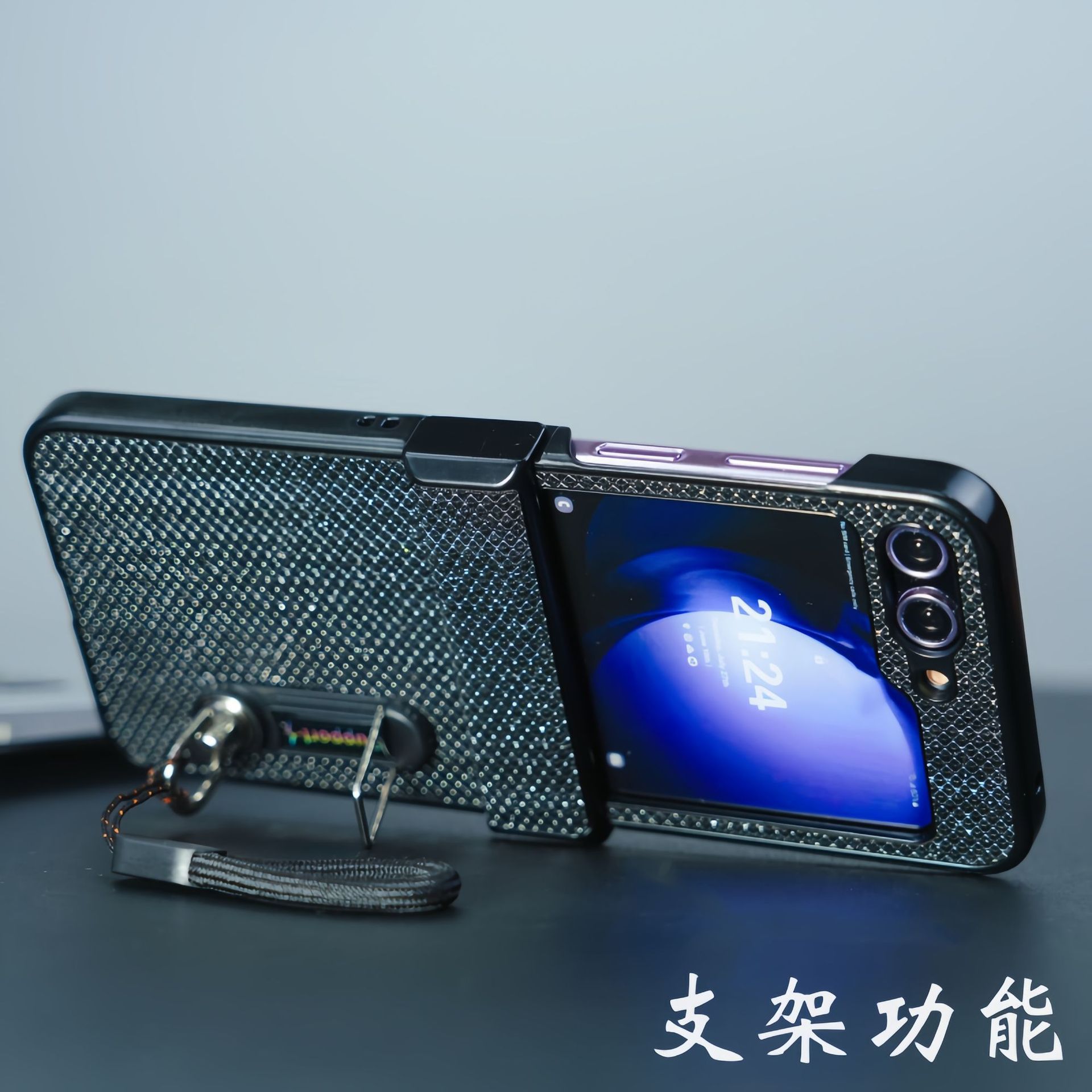 Compatible with Samsung Z Flip 8/7 phone case, 6/5 stand, carrying strap, vegan leather, 4/3 folding screen protective case